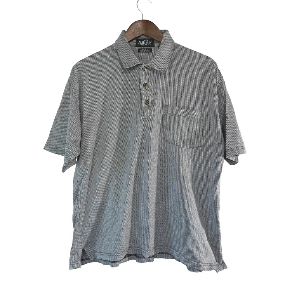 Aureus Mens Egyptian Cotton Polo Shirt Large Navy White Houndstooth Golf Pocket - Picture 1 of 9